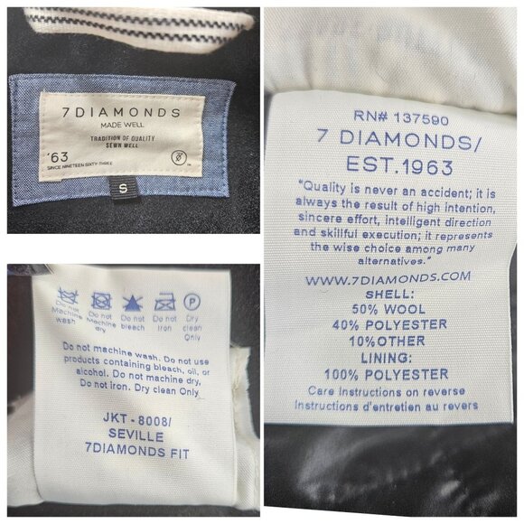 7 Diamonds Peacoat Jacket Coat Men Small Black Wool Blend Lined Double-Breasted - Picture 9 of 12